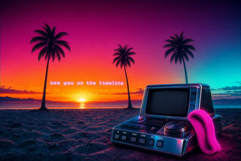 A wide sunrise over a synthwave horizon with palm silhouettes and a small editing console powered down on the foreground sand.