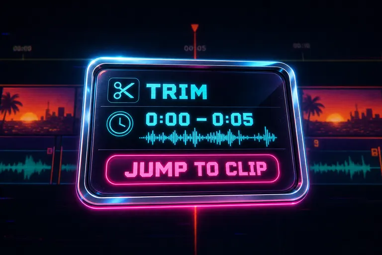 A stylized chrome-bordered card showing an AI tool-call decision: trim 0:00–0:05, with a deep-link button labeled 'jump to clip.'