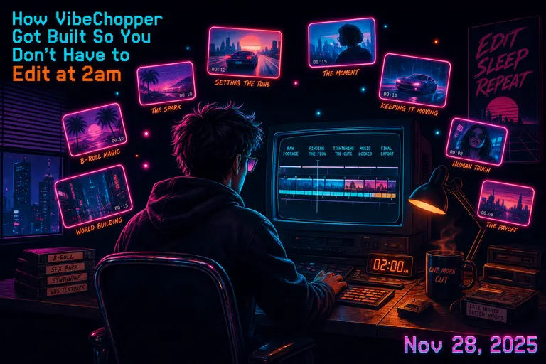 A lone editor in a neon-lit room with a single CRT timeline, frames floating around them like fireflies.