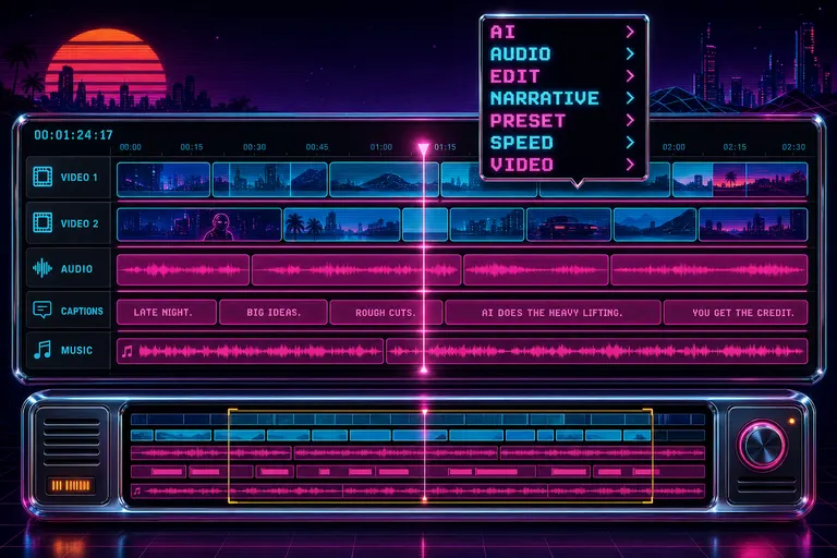 A wide synthwave timeline with five layered tracks and a chrome minimap below, cut into clip blocks of varying lengths.