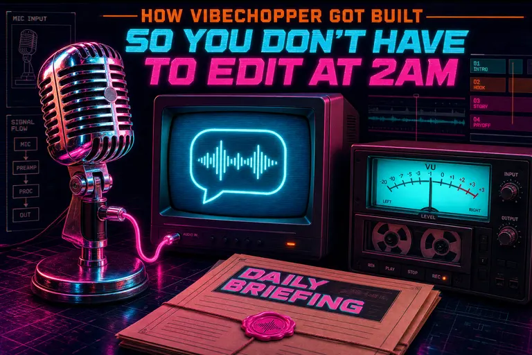 A retro chrome microphone connected by glowing cable to a CRT showing a chat bubble, with a tape-deck VU meter pulsing beside it.