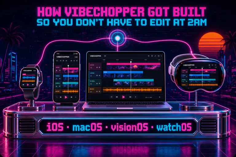Four screens arranged in a chrome rack — phone, laptop, headset, watch — each running the same VibeChopper timeline view.