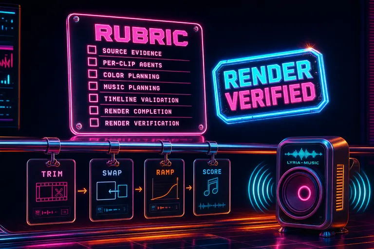 A glass scoring rubric panel floats next to a render-verified stamp, with a thread of tool-call cards pinned along a chrome rail.