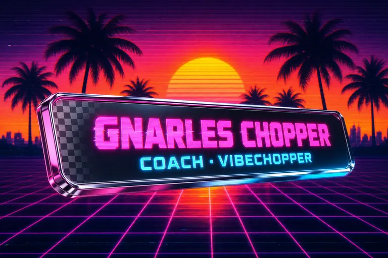A chrome name-tag lower third floating over a vaporwave palm-tree sunset, magenta text shimmering with VHS chromatic aberration