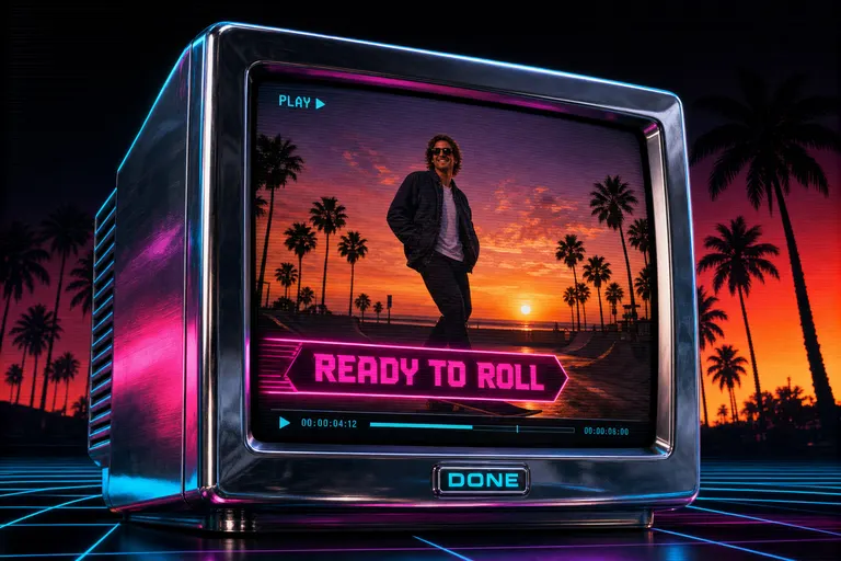A finished cut on a chrome CRT with a glowing lower third sliding onto the screen as the playhead rolls