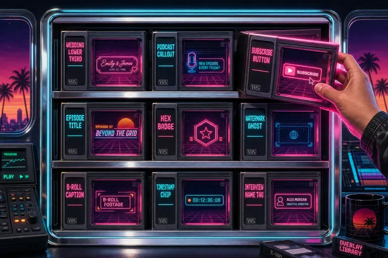 A retro chrome shelf holding rows of glowing overlay cartridges — each one a labeled transparent PNG ready to drag onto the timeline