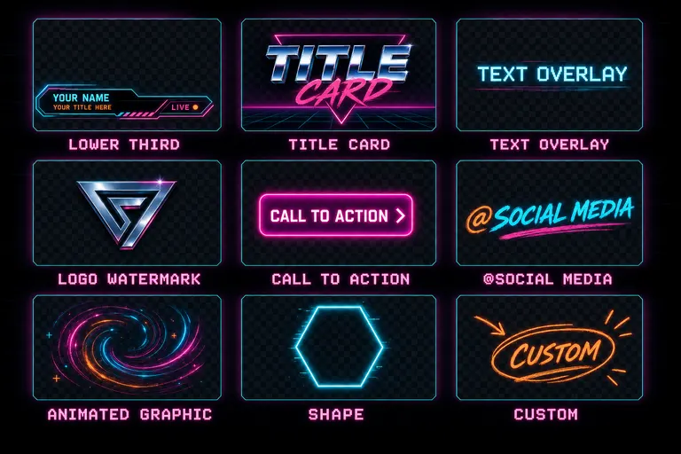 A grid of nine glowing overlay samples — lower third, title card, text overlay, logo watermark, call to action, social media, animated graphic, shape, custom