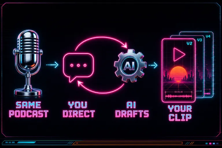 Diagram: the same podcast goes in, but instead of one black box, a chat loop with the editor produces a directed cut