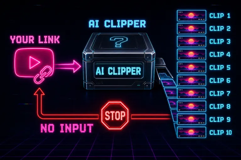Diagram: a YouTube link enters a black box labeled AI CLIPPER and ten identical clips fall out the other side