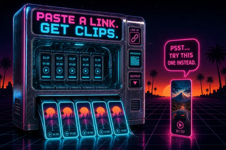 A chrome vending machine spitting out a row of identical short-form clips next to a glowing magenta chat bubble whispering a single different clip