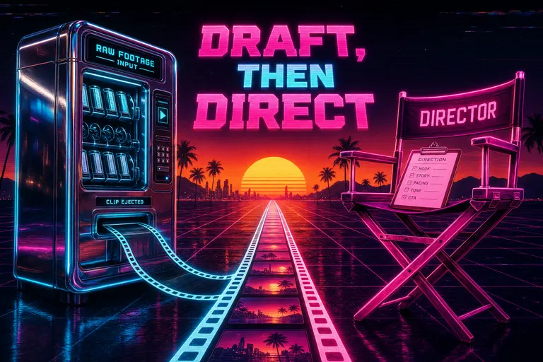 A chrome vending machine and a glowing magenta director's chair side-by-side under a synthwave sunset, both feeding into a single clean filmstrip