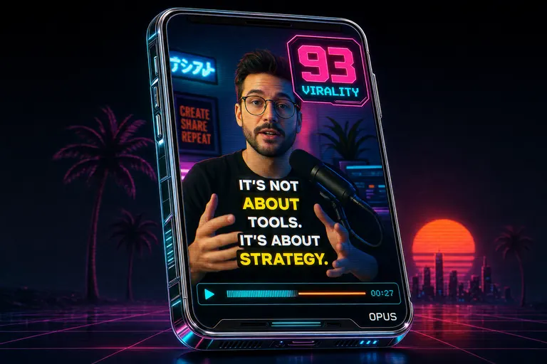 A stylized mock OpusClip output: a vertical phone-screen clip with a virality score badge, animated word-by-word captions, and a watermark
