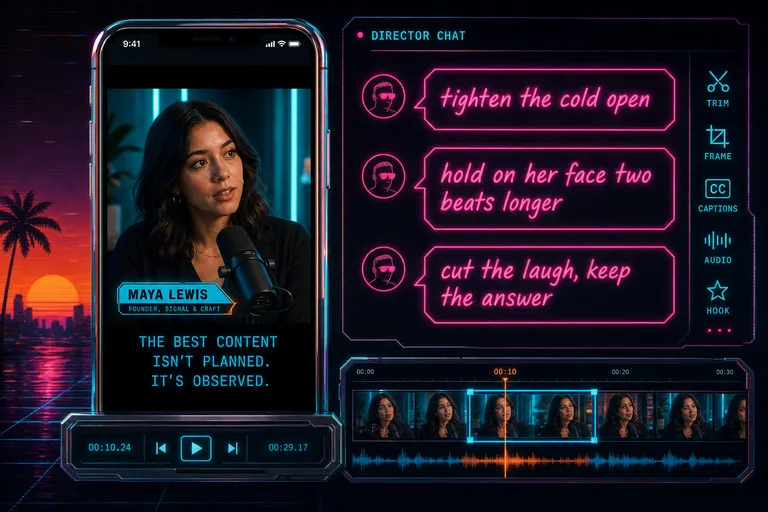 A stylized mock VibeChopper output: the same podcast turned into a clip with a chat sidebar showing the directing notes that made it different