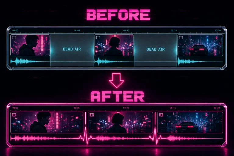 Before and after timeline strips — the before is bloated with grey dead-air gaps between clips, the after is tight and lit magenta