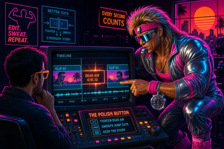 Gnarles in a synthwave gym coaching a creator at a CRT timeline, pointing at a dead-air gap with a chrome whistle in his mouth