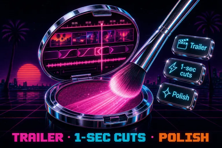 A chrome cosmetic compact cracked open, revealing a glowing magenta timeline being smoothed by a sparkly retro brush