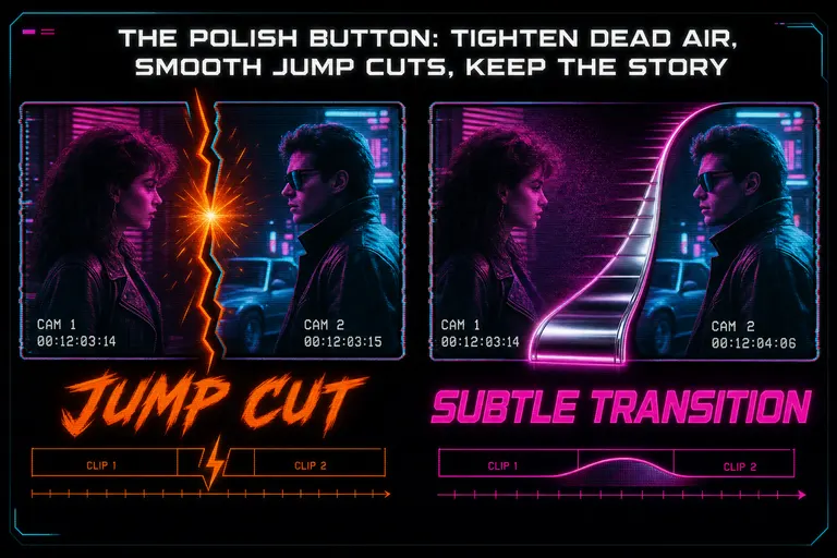 A jagged jump cut between two clips smoothed into a soft cross-dissolve, rendered as a chrome ramp