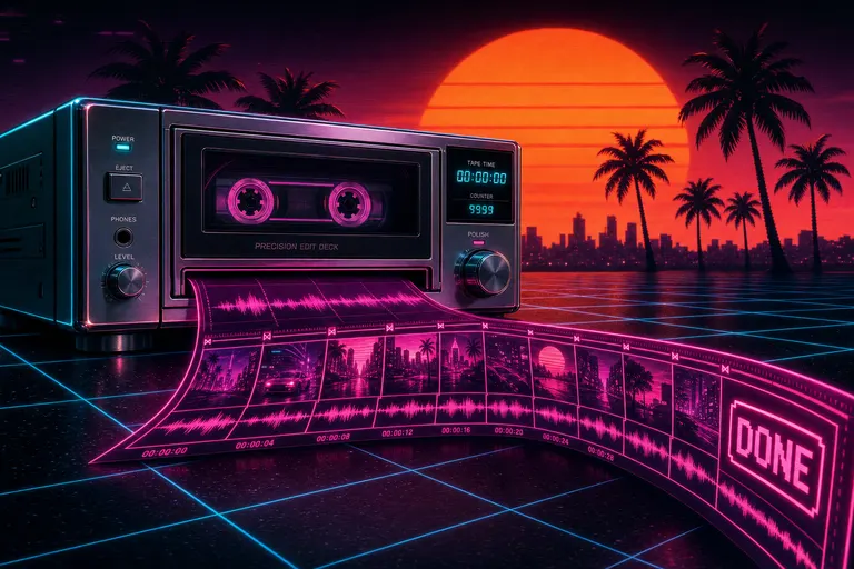 A tight, polished timeline strip rolling out of a chrome cassette deck under a sunset palm-tree horizon
