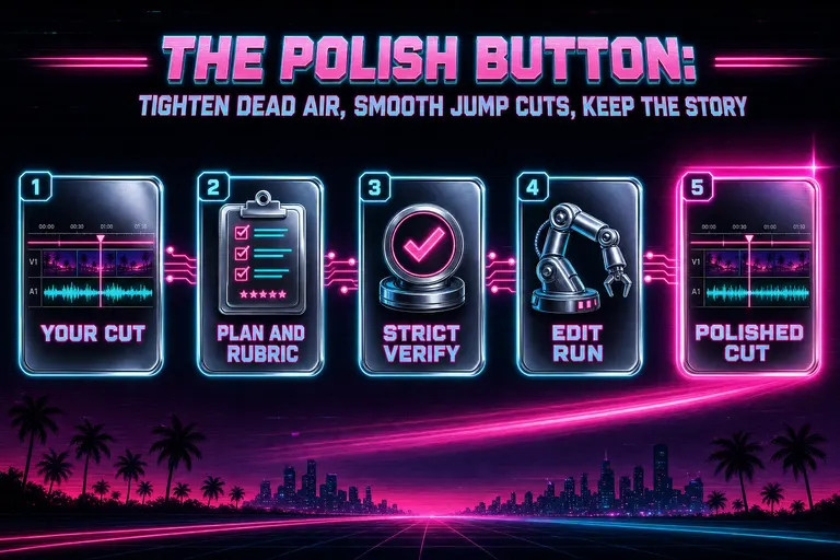 Diagram of the Polish flow: timeline in → Plan and Rubric mode → verified plan → edit run → polished timeline out