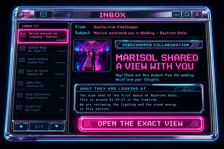 Stylized themed VibeChopper email landed in a magenta retro inbox with a thumbnail, a 'What they are looking at' panel, and an 'Open the exact view' button