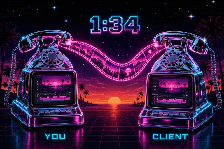 Two retrofuture chrome telephones connected by a glowing neon-pink reel of film flying through a starfield