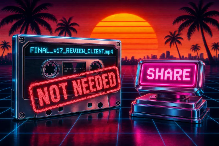 A chrome export cassette with a big red 'NOT NEEDED' stamp across it, palm trees and a sunset behind, a glowing share button to the right