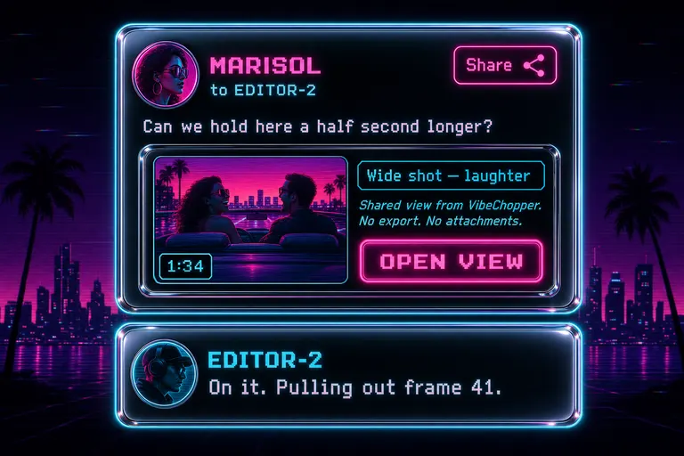Stylized shared project chat thread with two message cards, one a Share card with a thumbnail and an Open view button, one a reply, both rendered in synthwave neon