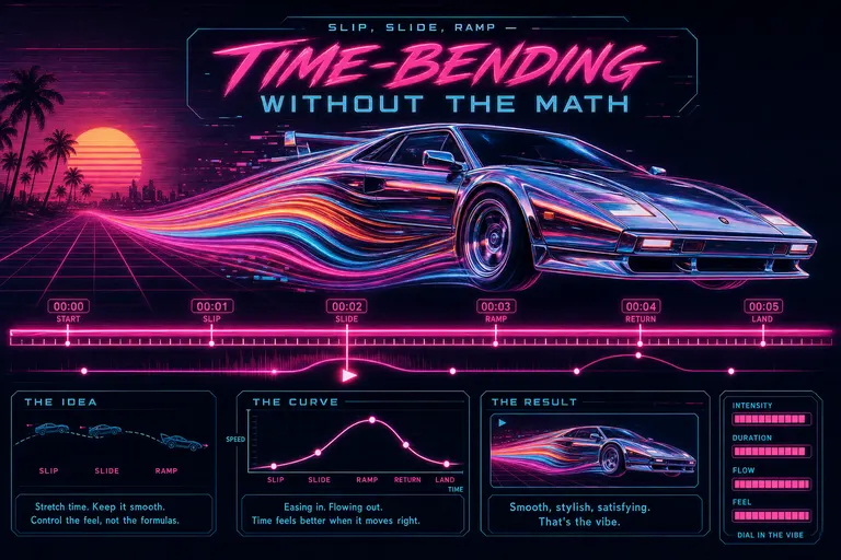 A chrome racing car frozen in mid-slow-motion stretching into rainbow neon ribbons across a glowing magenta timeline