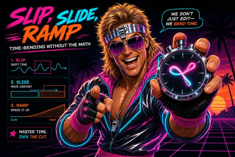 Gnarles in a chrome-rim sweatband holding a stopwatch made of neon ribbon, grinning at the camera