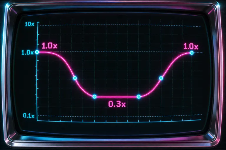 A glowing magenta speed curve drawn over a CRT graph, dropping from 1.0x to 0.3x and back, with cyan keyframe dots