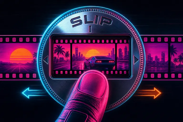 A chrome dial labeled SLIP being thumb-dragged across a magenta filmstrip, the same clip duration but a different in-point