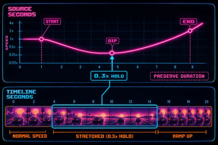 Diagram of a clip on a timeline with a speed curve floating above it, labels showing source seconds versus timeline seconds