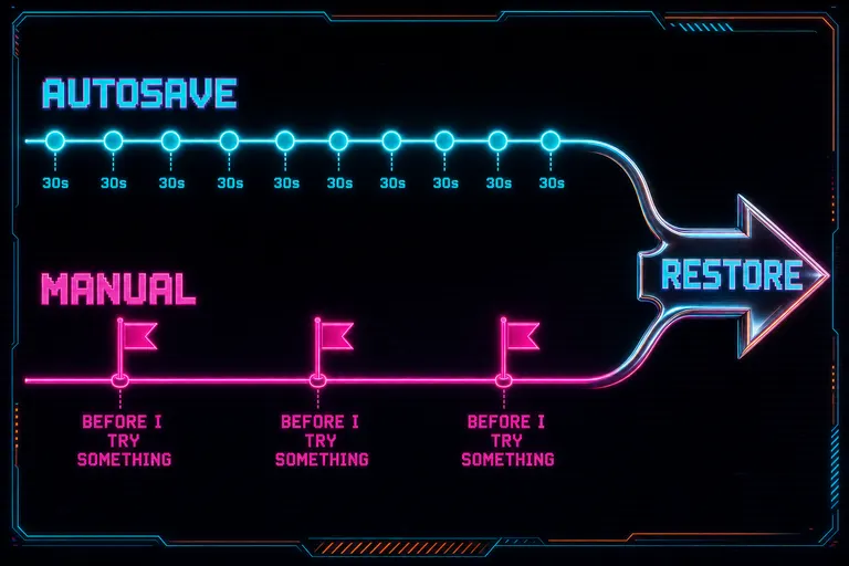 A horizontal diagram with two parallel timelines — autosave dots every thirty seconds in cyan, manual bookmark flags in magenta — both running into a single chrome restore arrow