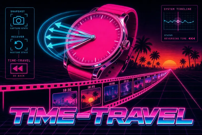 A neon-pink wristwatch with chrome hands spinning backward over a glowing magenta timeline, palm-tree silhouettes in the distance