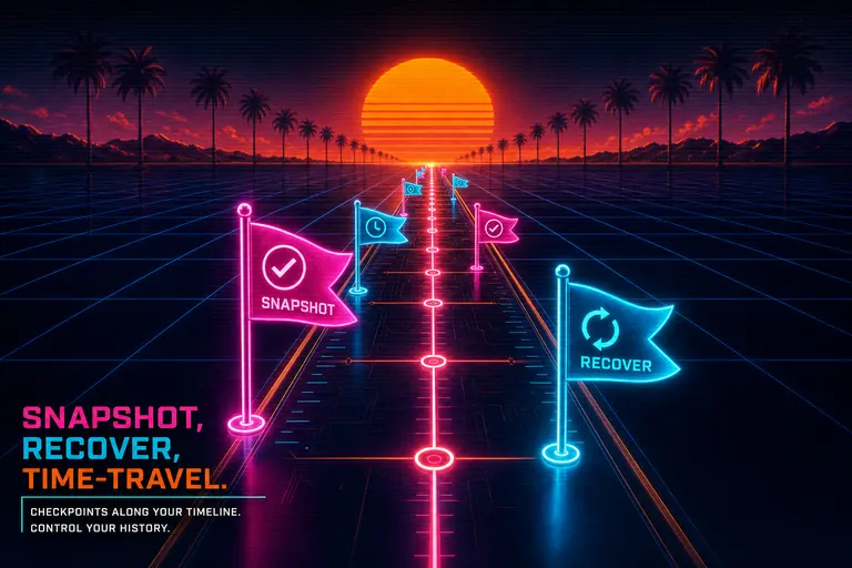 A row of glowing magenta and cyan checkpoint flags planted along a long neon timeline stretching into a chrome sunset