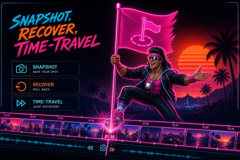 Gnarles Chopper planting a glowing magenta flag into a stretching neon timeline, smiling, chrome whistle catching the light