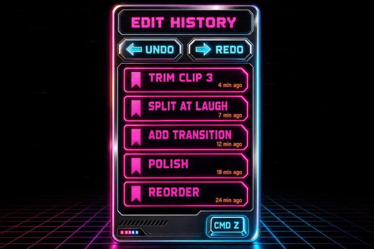 A vertical chrome panel listing edit-history entries as glowing magenta bookmarks, with undo and redo arrows at the top and a Cmd-Z keycap in the corner