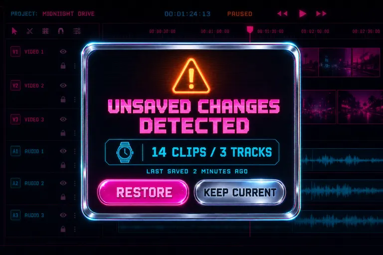 A glowing chrome dialog box hovering over a darkened timeline, the dialog showing a wristwatch icon, a clip count, and two buttons — Restore and Keep Current