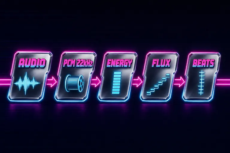 Diagram: audio file to ffmpeg PCM to energy frames to spectral flux to beat markers, five chrome plaques connected by neon arrows