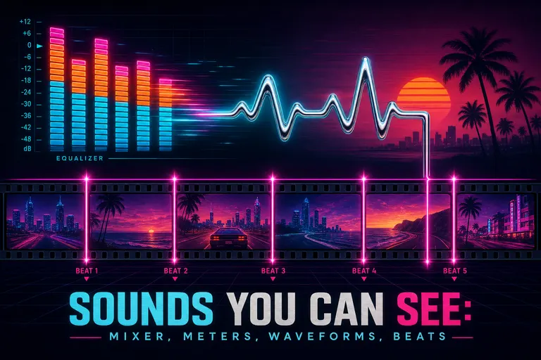 A neon equalizer pulsing into a chrome heartbeat that lays glowing magenta beat-markers across a filmstrip