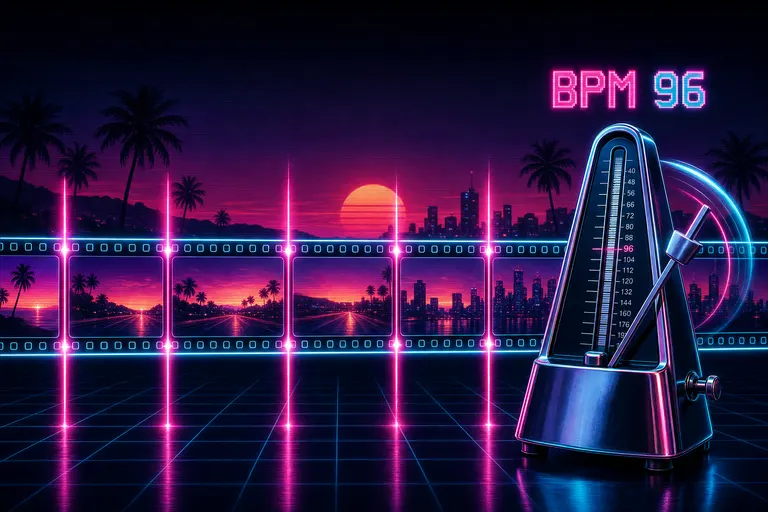 Vertical magenta beat-markers piercing a horizontal filmstrip, each marker aligned to a frame, with a chrome metronome standing beside the strip