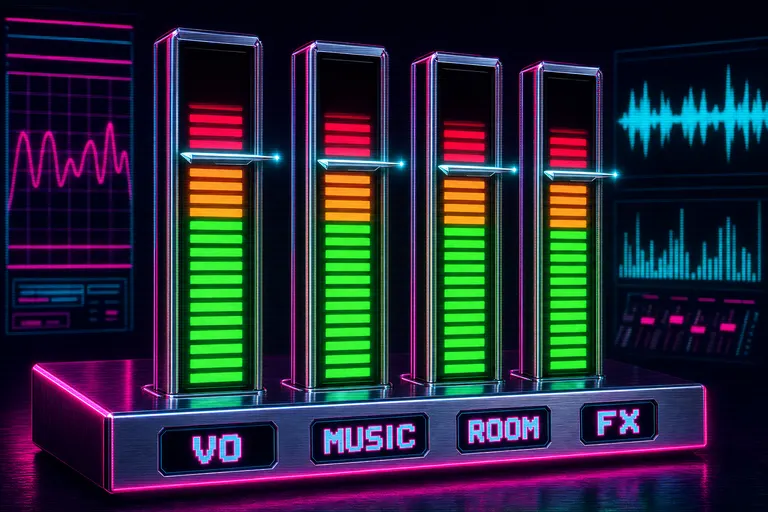 A stack of vertical VU meter columns glowing green, orange, and red, with a chrome peak-hold needle hovering near the top