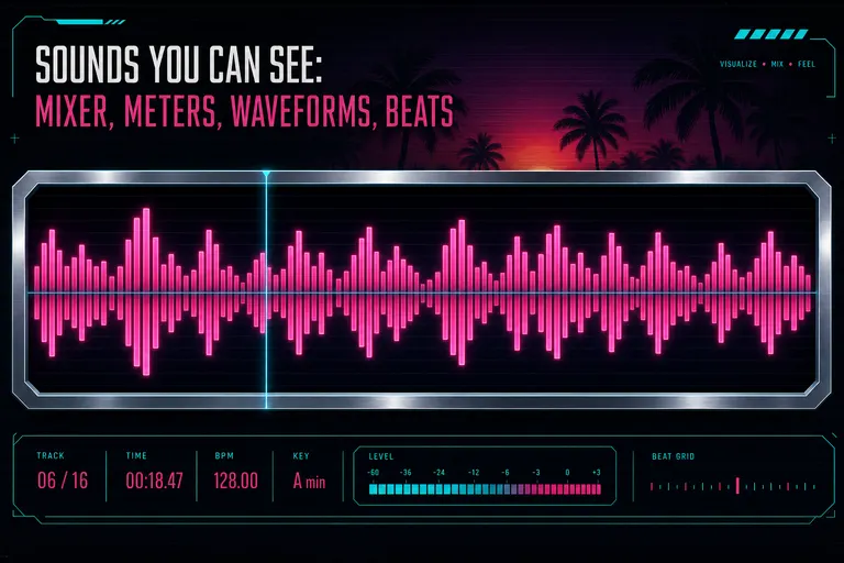 A horizontal row of magenta waveform bars varying in height, drawn against a chrome trough on a deep VHS-black panel