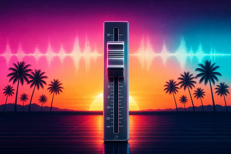 A chrome fader at the foot of a sunrise horizon, gently pushed to the perfect mix position, with palm-tree silhouettes and a faint waveform ripple across the sky