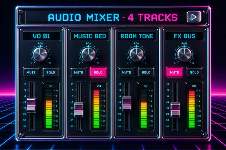 Stylized synthwave mock of the VibeChopper audio mixer showing four channel strips with faders, pan knobs, mute and solo buttons, and lit VU meters