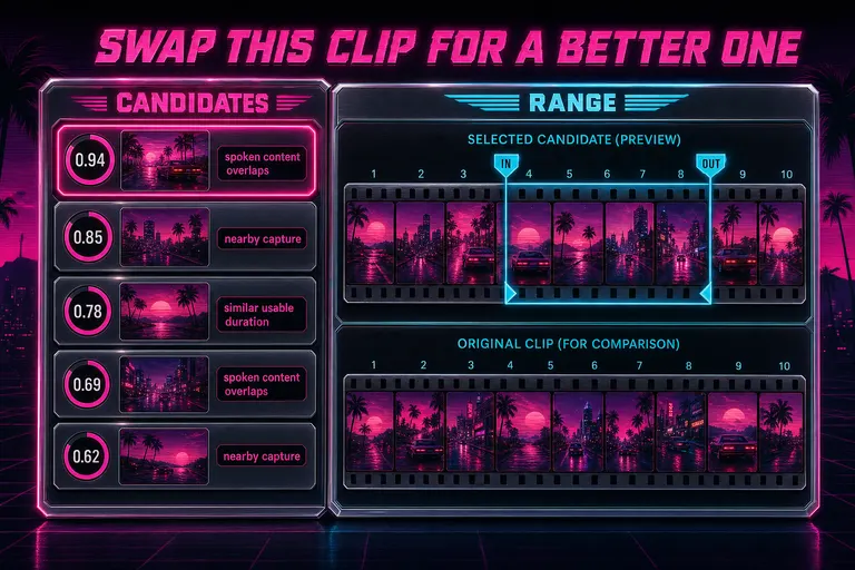 A stylized depiction of the Swap dialog — left column lists candidate videos with score rings, right column previews the selected clip's filmstrip and in/out handles