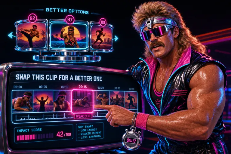 Gnarles in a synthwave gym pointing at one weak clip on a glowing CRT timeline while a chrome carousel of replacements orbits behind him