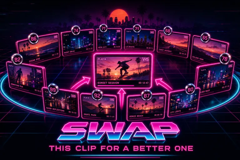 A magenta carousel of glowing film thumbnails rotating around one highlighted clip, neon arrows pointing inward, chrome match-score rings