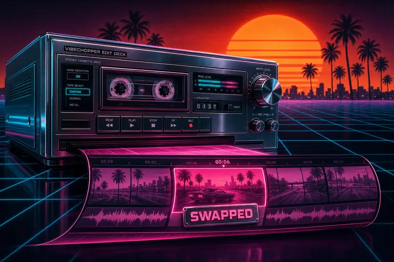 A tight, polished timeline strip rolling out of a chrome cassette deck under a sunset palm-tree horizon, the replaced clip lit hot pink