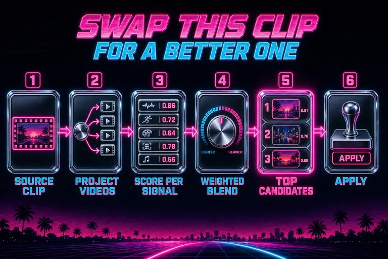 Diagram of the swap pipeline: source clip in → fan out to project videos → score per signal → weighted blend → ranked candidates out